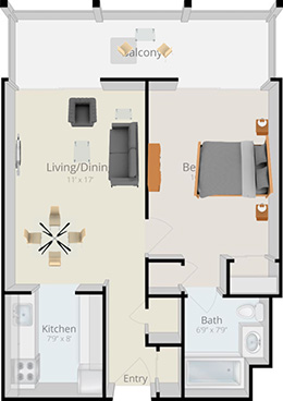 depiction of 1 bedroom 1 bathroom floor plan with balcony