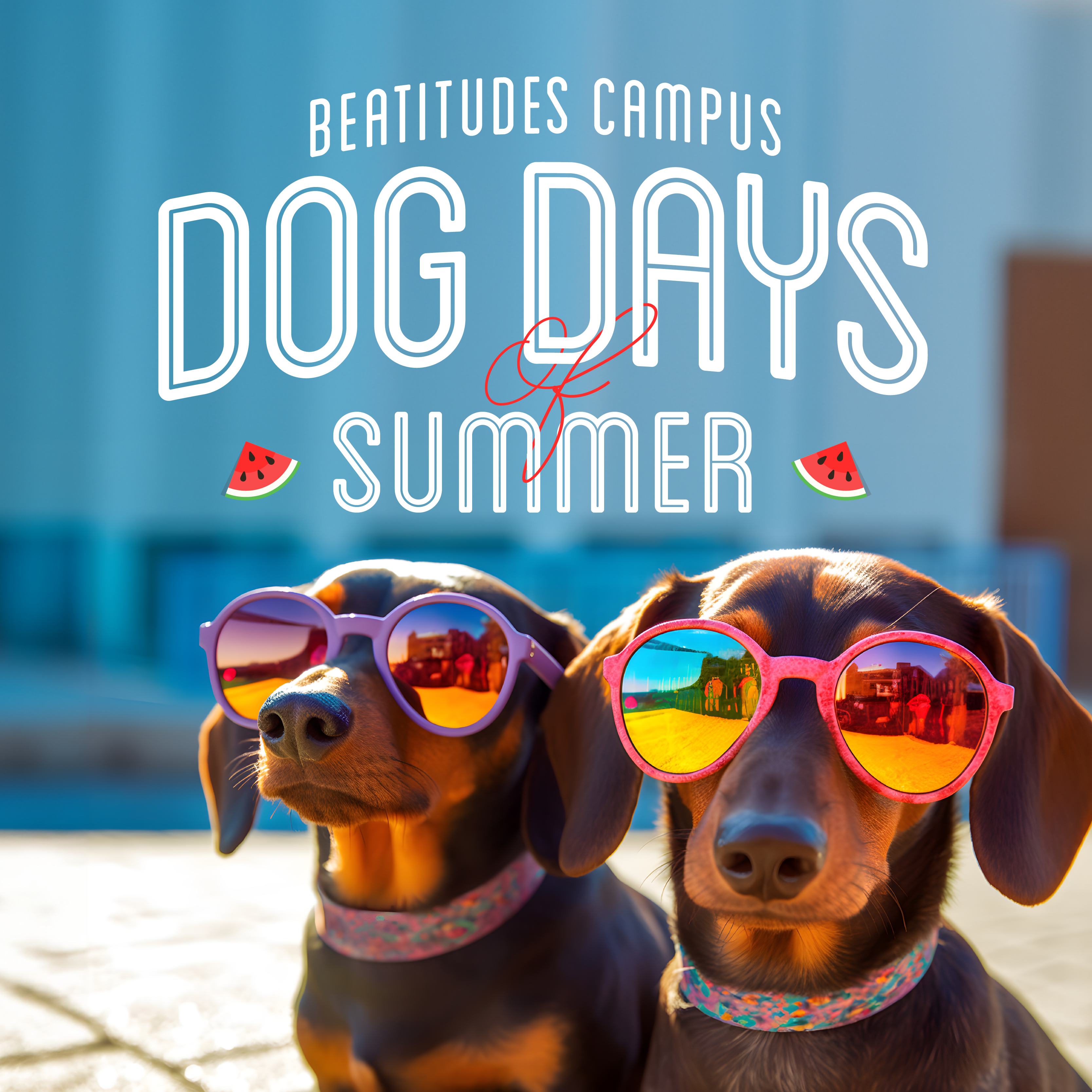 Dog Days of Summer event graphic with two dogs wearing reflective sunglasses.