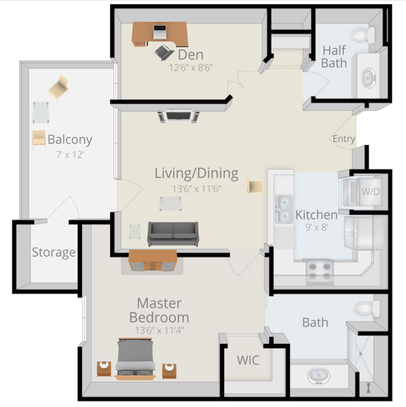 Central Park One Bedroom with Den Floor Plan