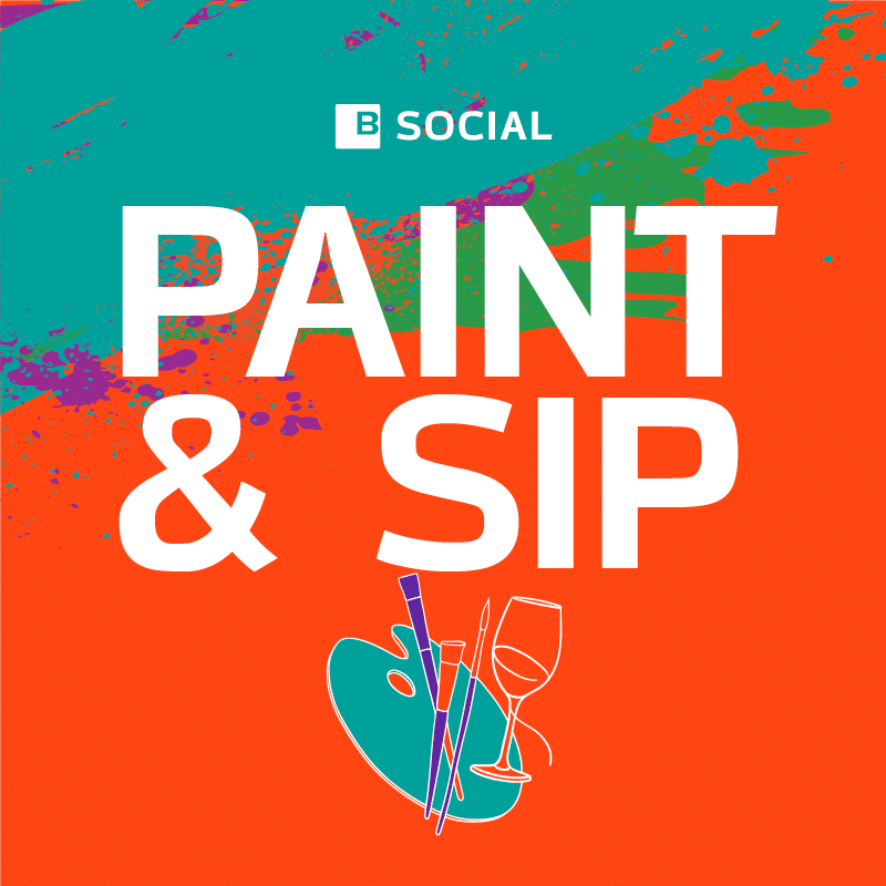 B Social: Paint & Sip. Graphic of a artist palette and a glass of wine.