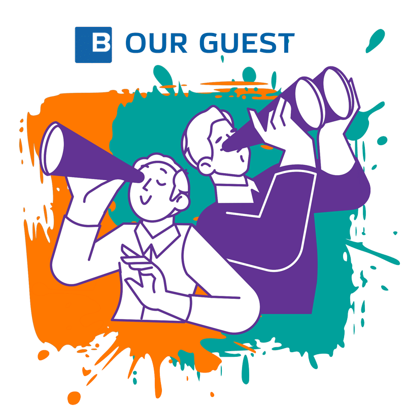 B Our Guest text with two graphics of people looking through binoculars.