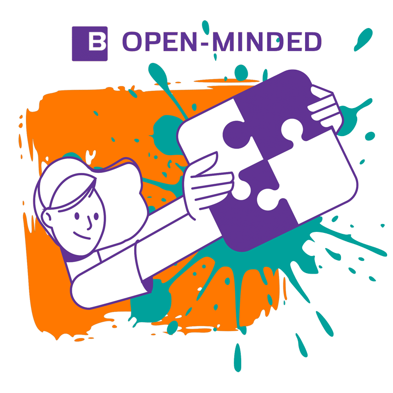 B Open-Minded text with a graphic of someone holding up a puzzle piece.