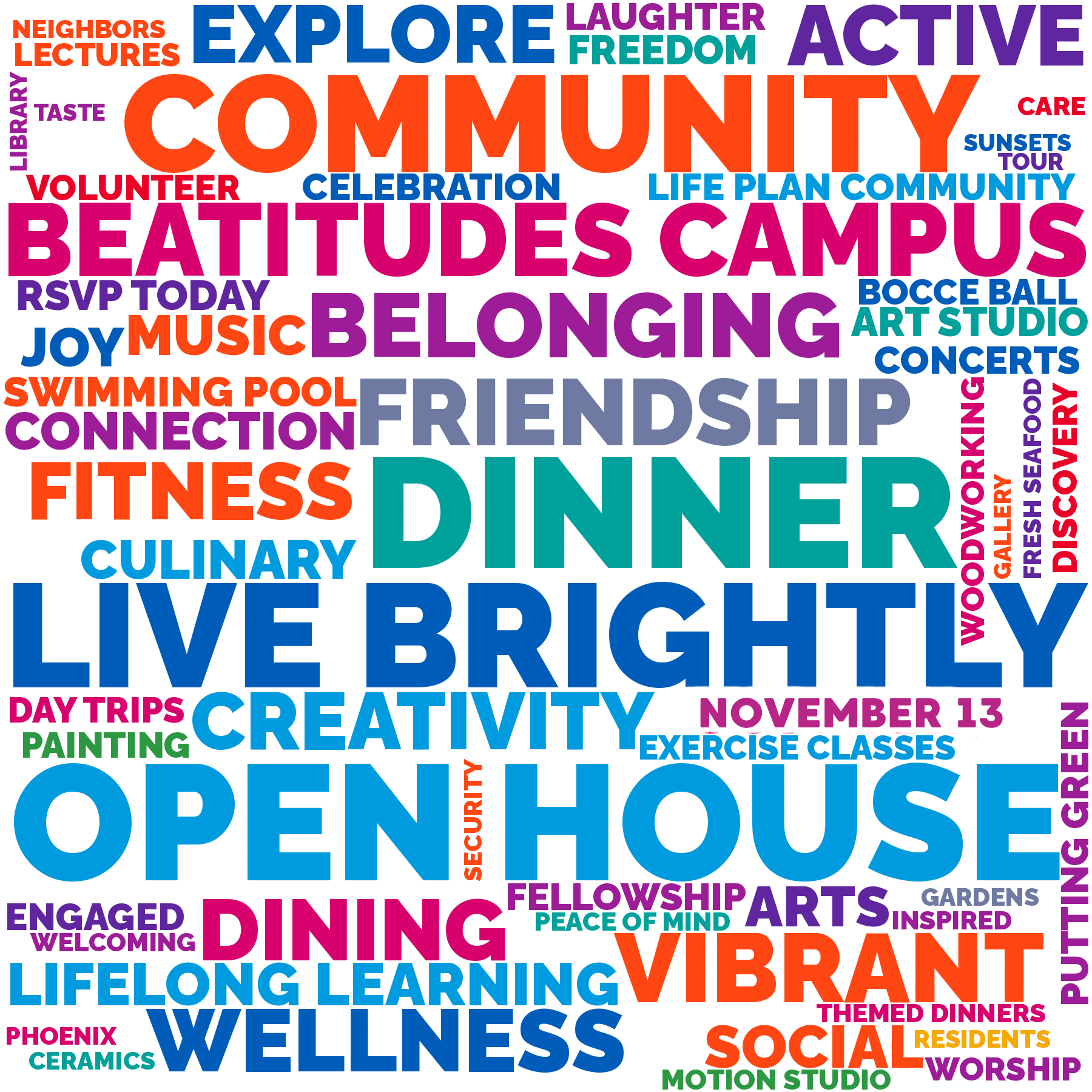 Graphic with bold and bright words for the Beatitudes Campus November 13 Open House & Brunch